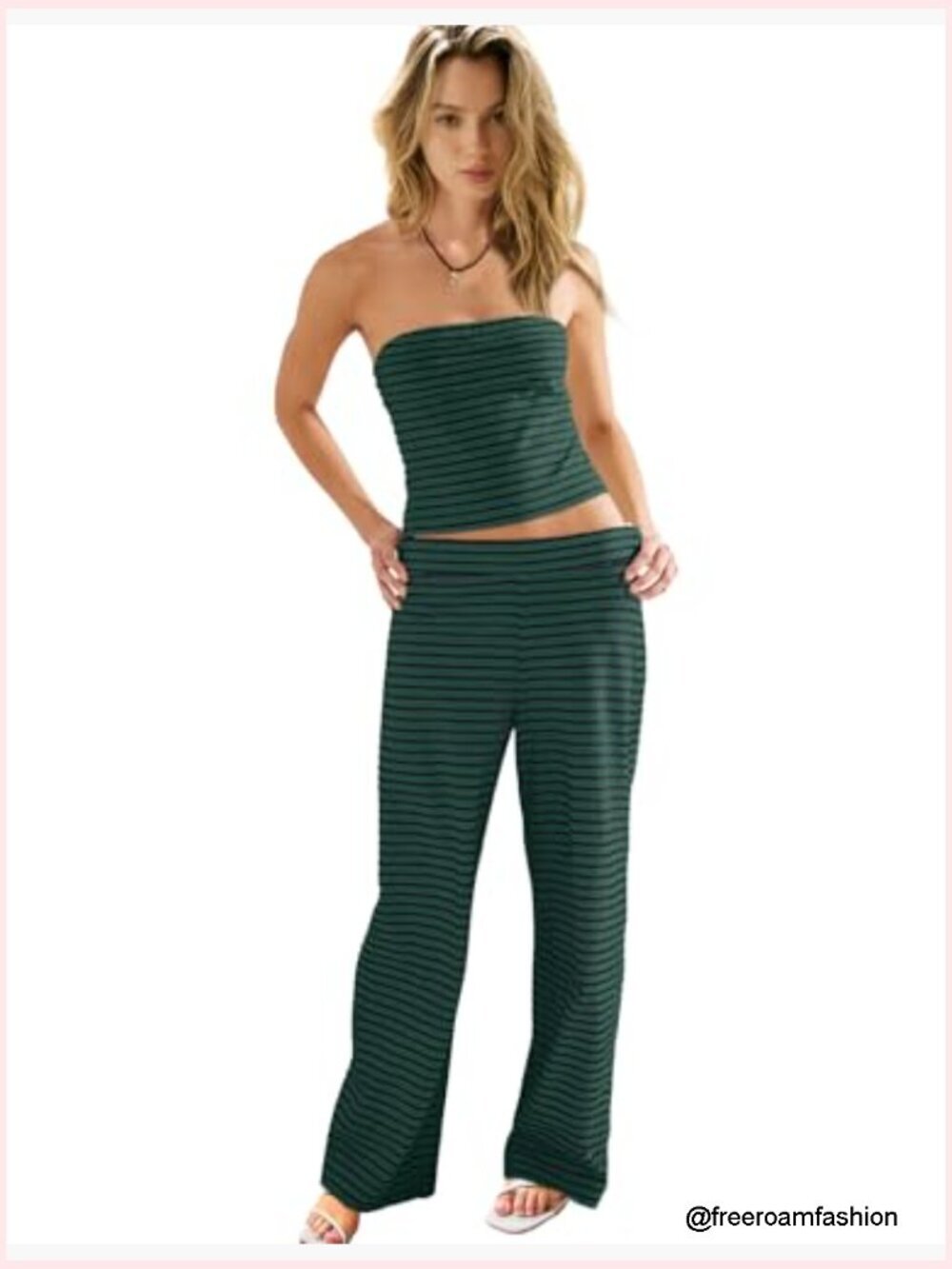 Women's Two Piece Striped Lounge Set Strapless Tube Top and Wide Leg Pants - Picture 2 of 7